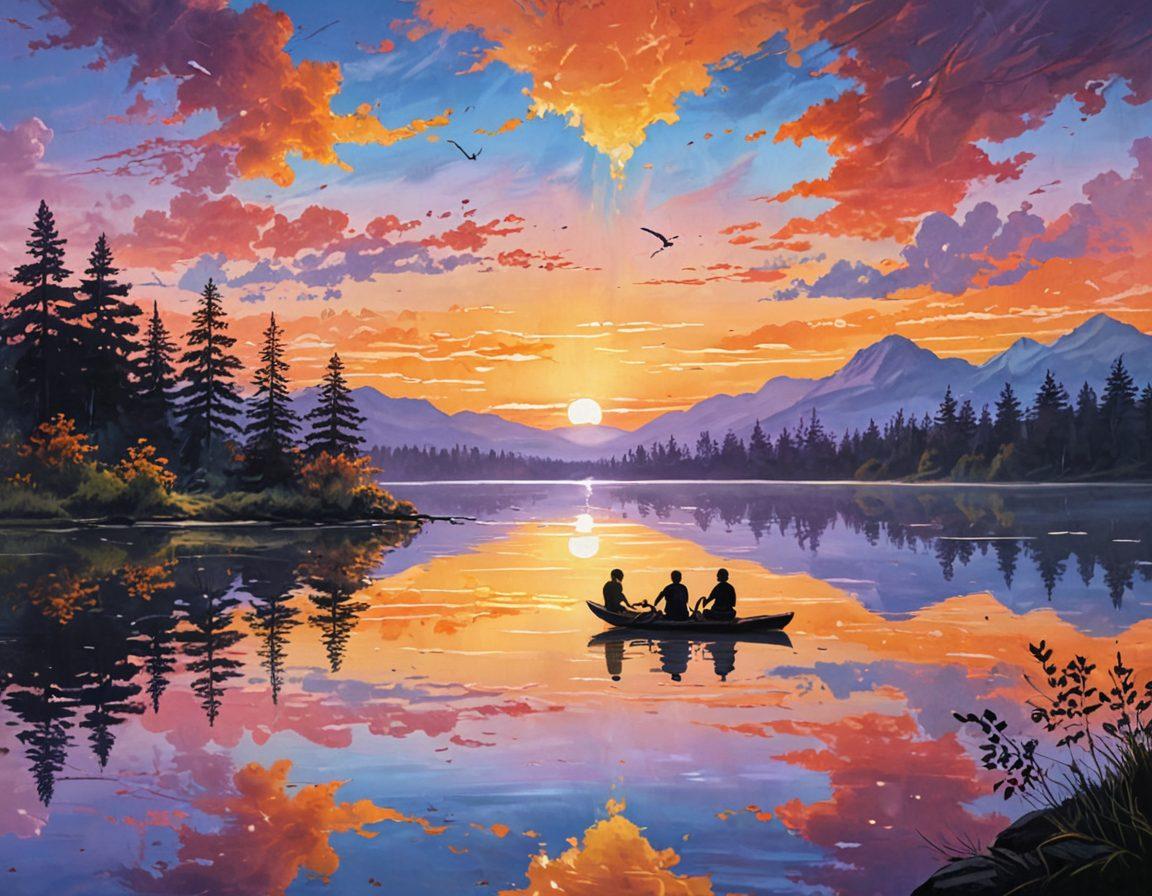 A serene landscape depicting a tranquil sunset over a peaceful lake, with silhouettes of people engaging in joyful activities like laughing, meditating, and connecting with nature. Overlay symbols of brain waves and heart icons, representing emotional well-being and psychology. Ethereal light flares to symbolize happiness radiating from within. vibrant colors. serene style. painting.