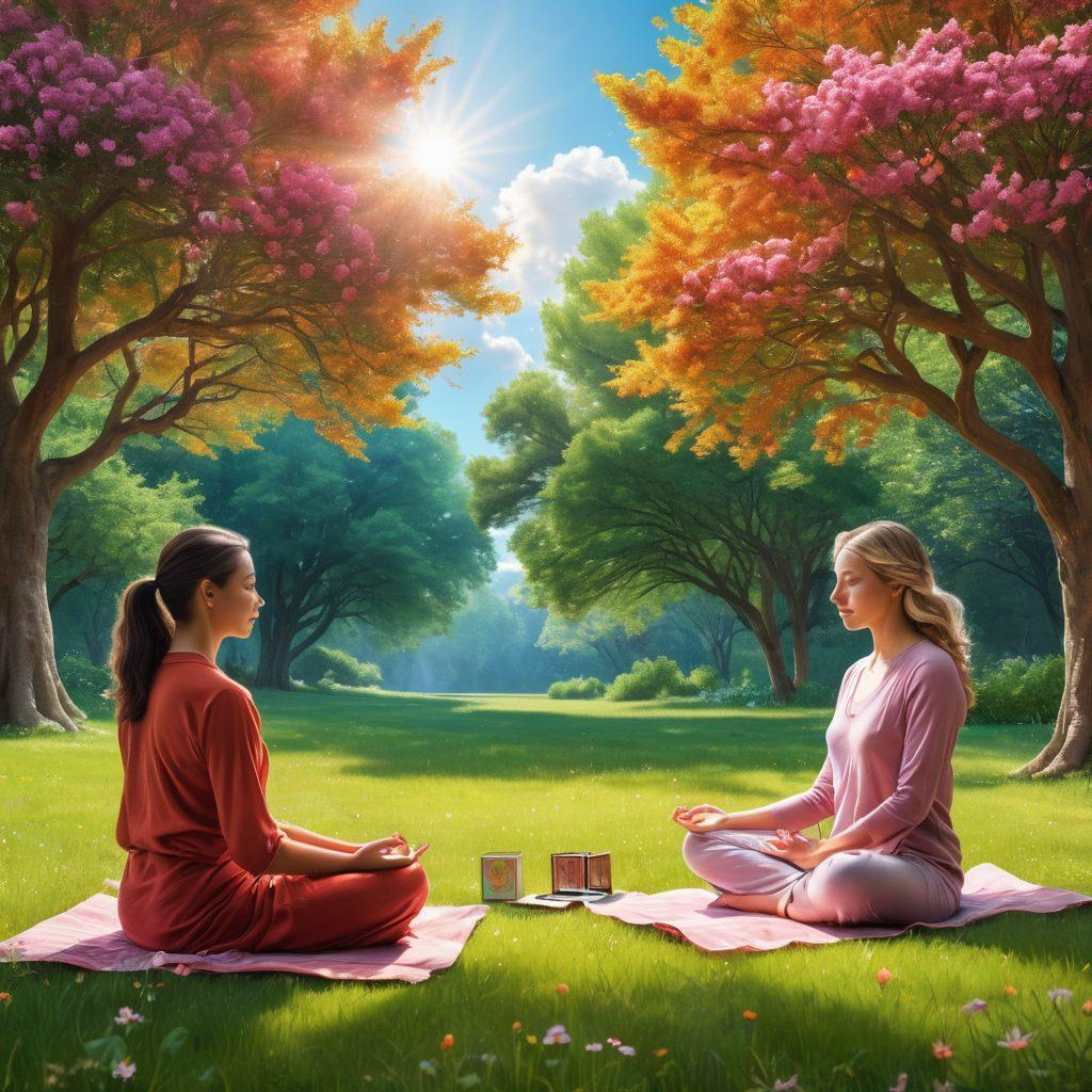 A serene scene depicting a diverse group of people in a calming park setting, engaging in mindfulness activities like meditation and journaling. Surround them with soft, ethereal light and natural elements like trees and flowers symbolizing growth and emotional resilience. Include gentle expressions on their faces reflecting peace and understanding. Illustrate the concepts of emotional intelligence through symbols like open hearts and brains intertwining. vibrant colors. super-realistic.