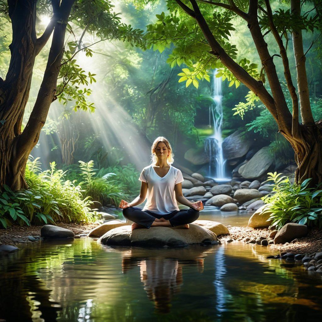 A serene meditation scene featuring a person practicing mindfulness in a tranquil, sunlit environment surrounded by lush greenery and soft, flowing water. The atmosphere is enhanced by gentle rays of sunlight filtering through leaves, creating a calming effect. Incorporate symbols of self-care like candles and soothing essential oils nearby. Create a sense of peace and mental well-being. vibrant colors. super-realistic. natural lighting.